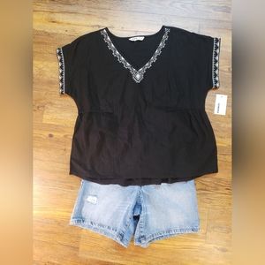 Sonoma Womens Top M black linen blend embroidery cute nwt boho fun vacay.